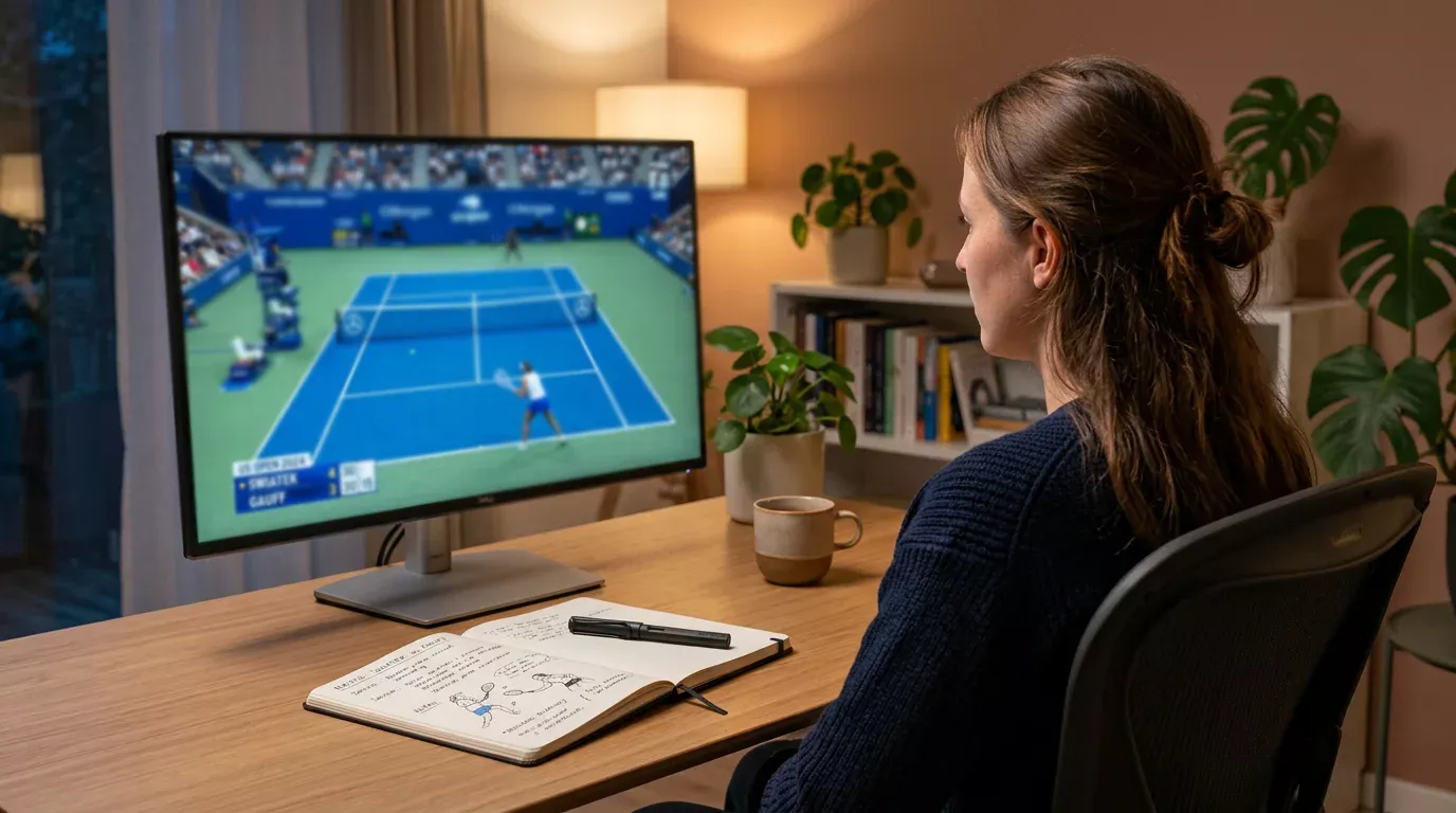 Apostador analizando un partido de tenis WTA en directo para apuestas en vivo