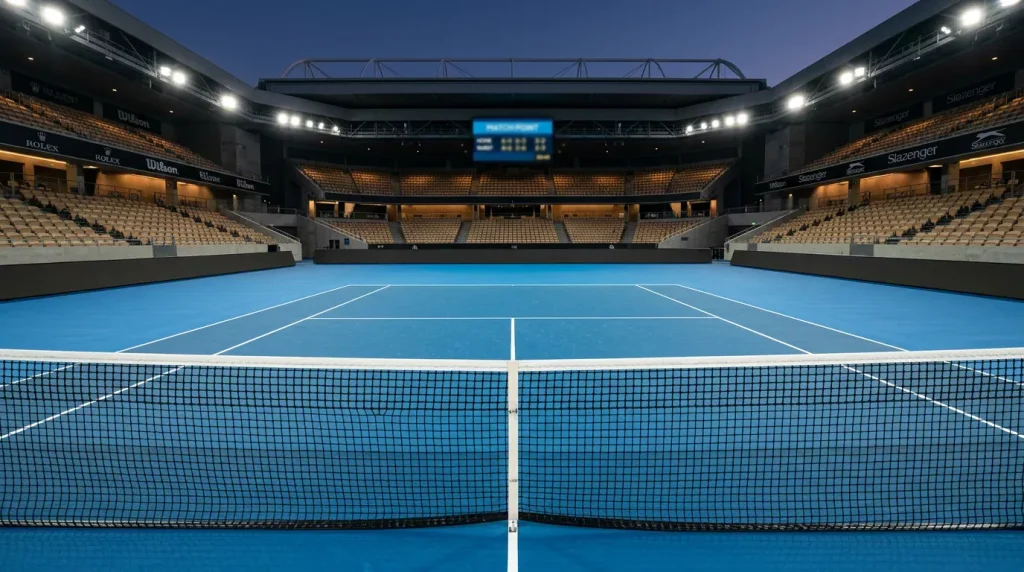 Pista de tenis de pista dura vista desde la red con líneas blancas y superficie azul bajo focos