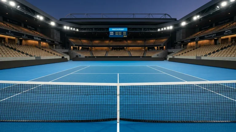Pista de tenis de pista dura vista desde la red con líneas blancas y superficie azul bajo focos