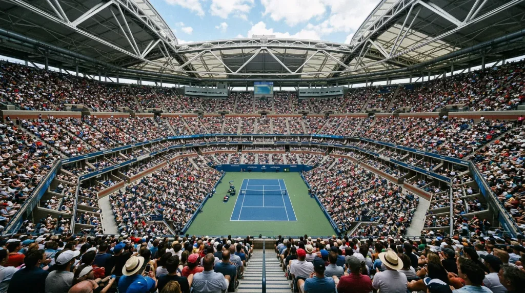 Estadio de Grand Slam con gradas llenas durante un partido WTA