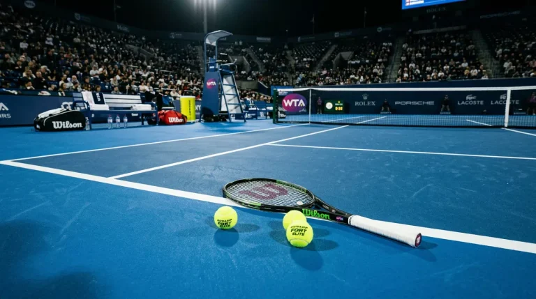 Cancha de pista dura azul durante un partido del circuito WTA