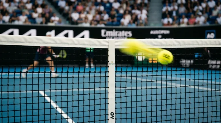 Pelota de tenis en movimiento cruzando la red a alta velocidad en una pista profesional