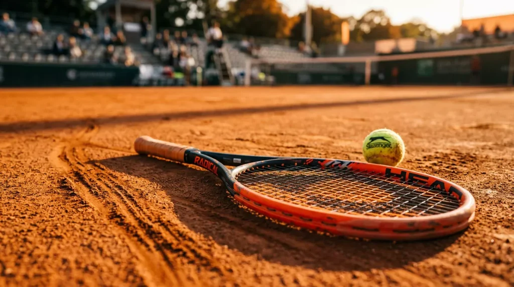 Raqueta de tenis sobre superficie de tierra batida con pelota y marcas de deslizamiento en arcilla naranja