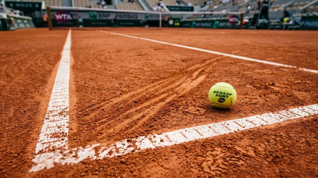 Pista de tierra batida con marcas de deslizamiento durante un partido WTA
