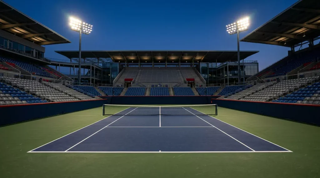 Estadio central de un torneo WTA 1000 con pista preparada para la competición