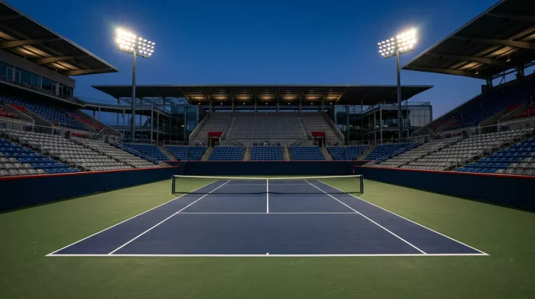 Estadio central de un torneo WTA 1000 con pista preparada para la competición
