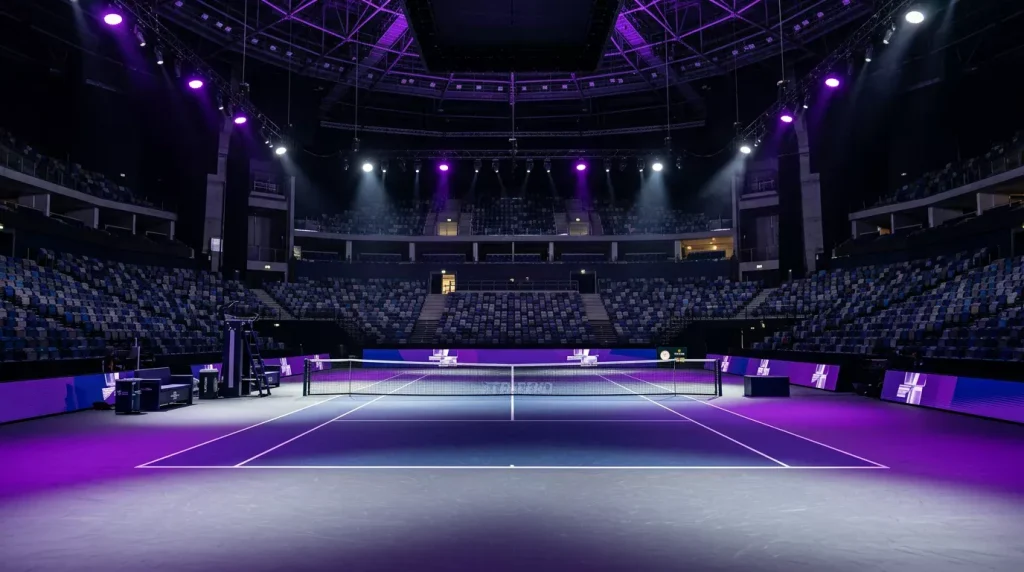 Escenario de las WTA Finals con iluminación espectacular y pista central