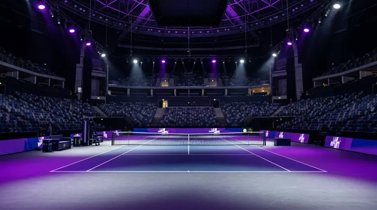 Escenario de las WTA Finals con iluminación espectacular y pista central