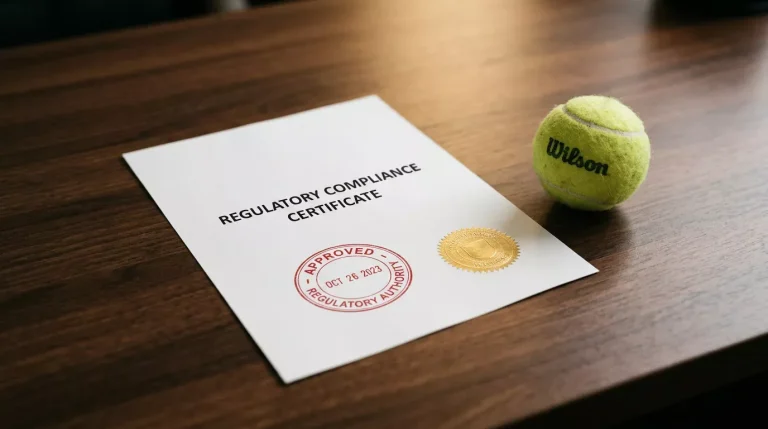 Documento oficial con sello de regulación junto a una pelota de tenis sobre escritorio profesional