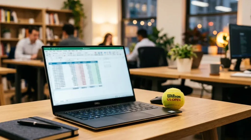 Pantalla con números decimales y cuotas de apuestas junto a una pelota de tenis sobre escritorio