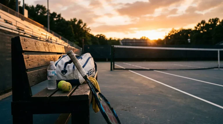 Raqueta de tenis apoyada contra un banco en una pista vacía al atardecer transmitiendo desgaste