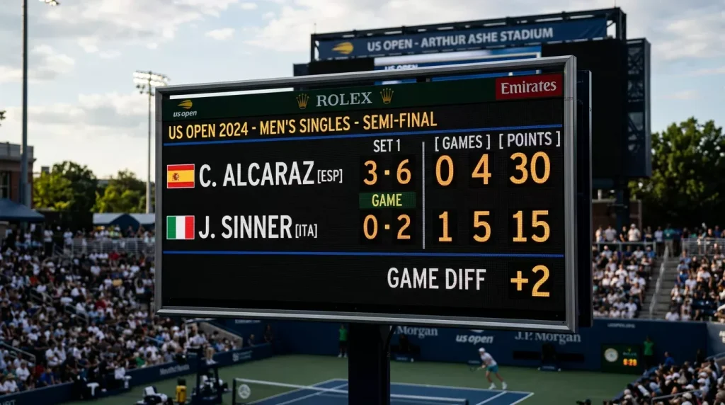 Marcador de tenis mostrando un resultado parcial con diferencia de juegos entre dos jugadoras