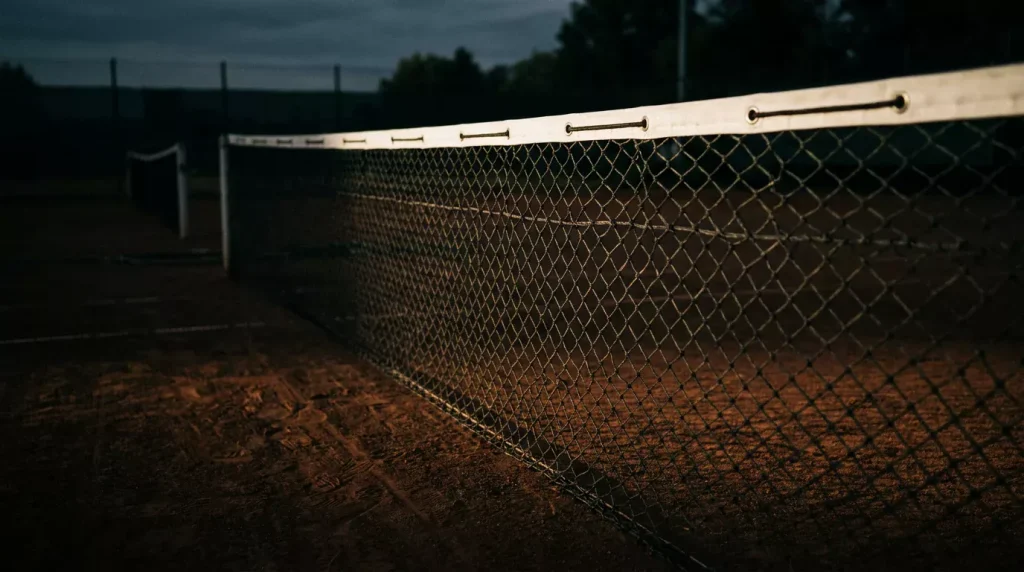 Red de tenis vista de cerca con iluminación dramática simbolizando la vigilancia sobre la integridad del deporte