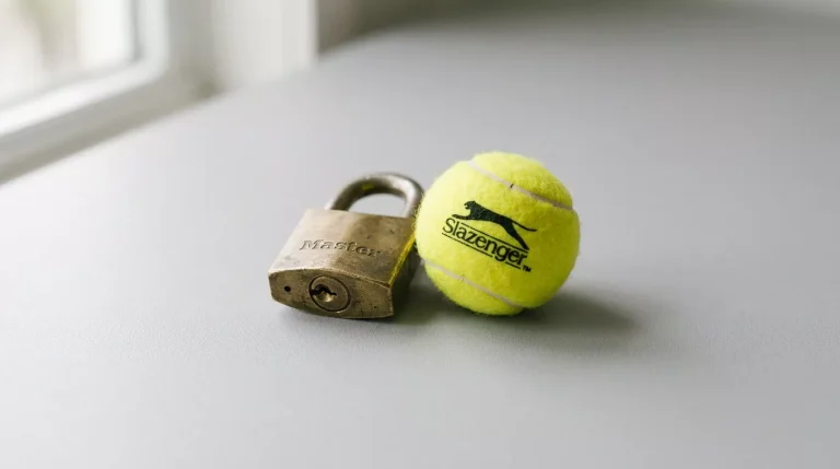 Mano colocando una pelota de tenis junto a un candado cerrado sobre fondo neutro