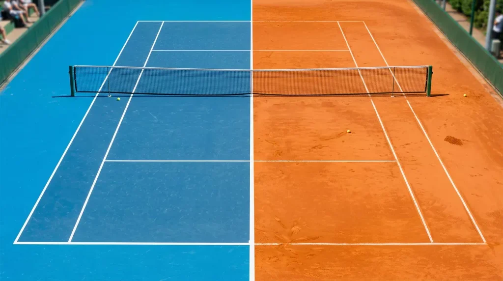 Dos mitades de pista de tenis con superficies diferentes representando la comparativa entre circuitos